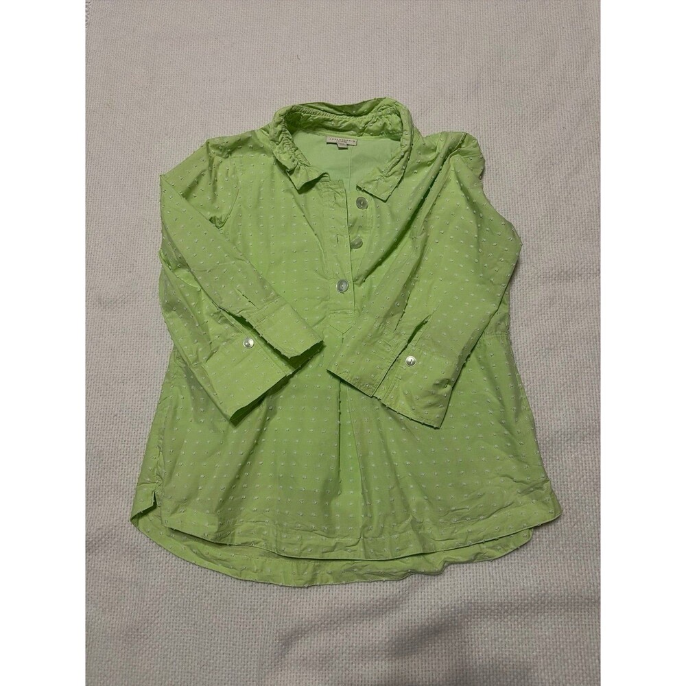 Appleseed’s Petites Lime Green Swiss Dot Button-Up Blouse PM